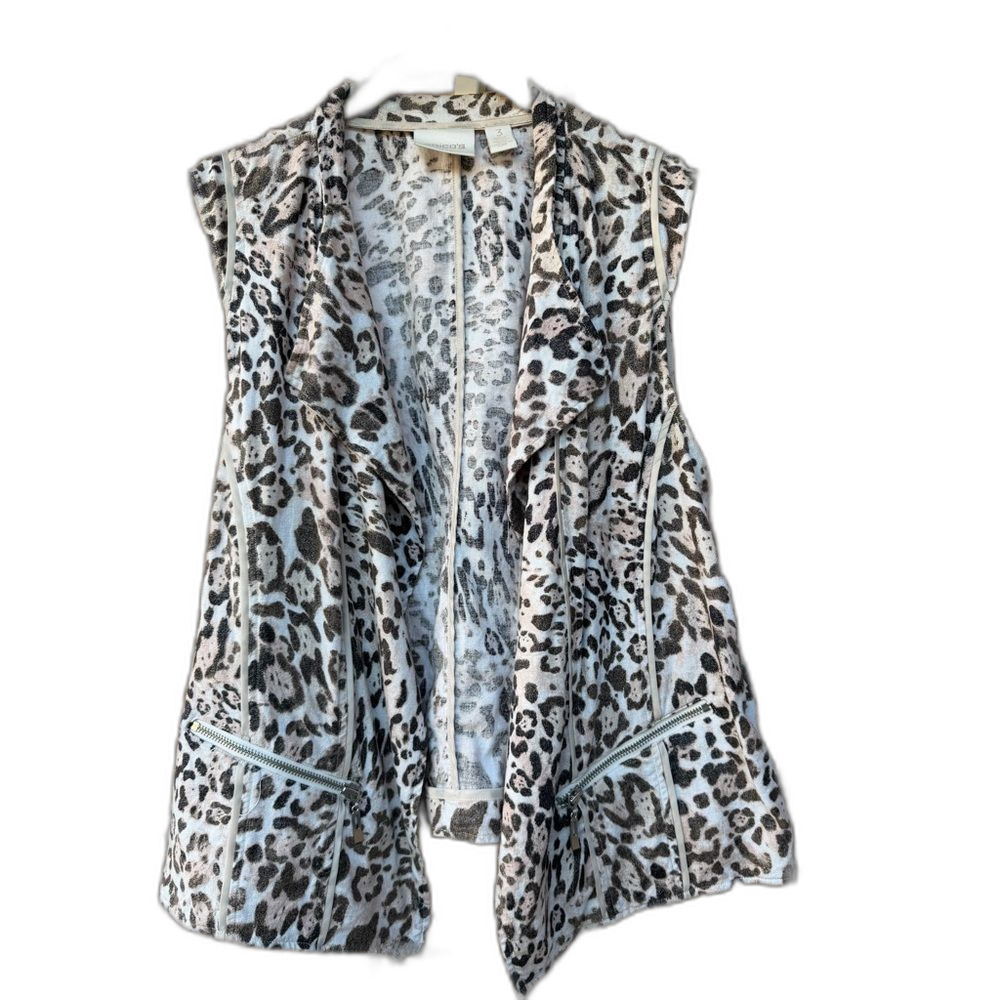 Chico’s Pink & Brown Leopard Print Sleeveless Vest with Zipper Detail, Size 3/XL